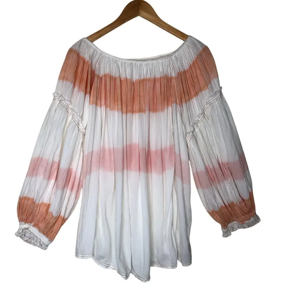 We The Free Sweet Stripe Orange and White Balloon Sleeve Boho Oversized Blouse - Picture 3 of 13